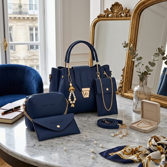 5 Pcs Women’s PU Leather Handbag Set – Luxury Plain Tote Bag with Pouch, Mobile & Sunglasses Case – Stylish Blue Shoulder Bag Combo