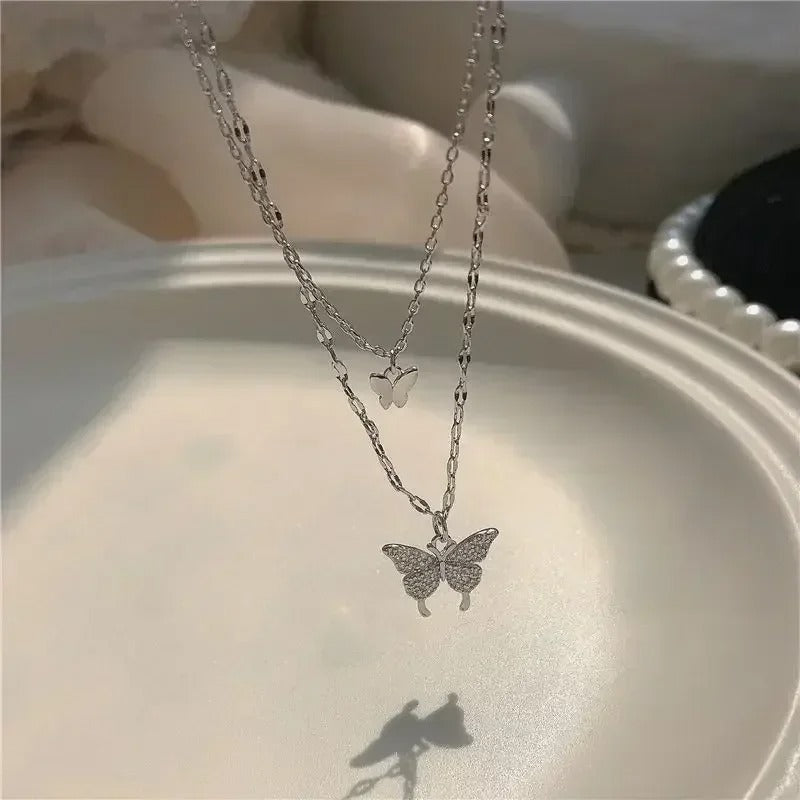 Double Layer Butterfly Necklace for Women – Silver Plated Adjustable Chain | Korean Style Trendy Pendant Necklace for Girls 🔥 60% OFF – LAST DAY SALE
