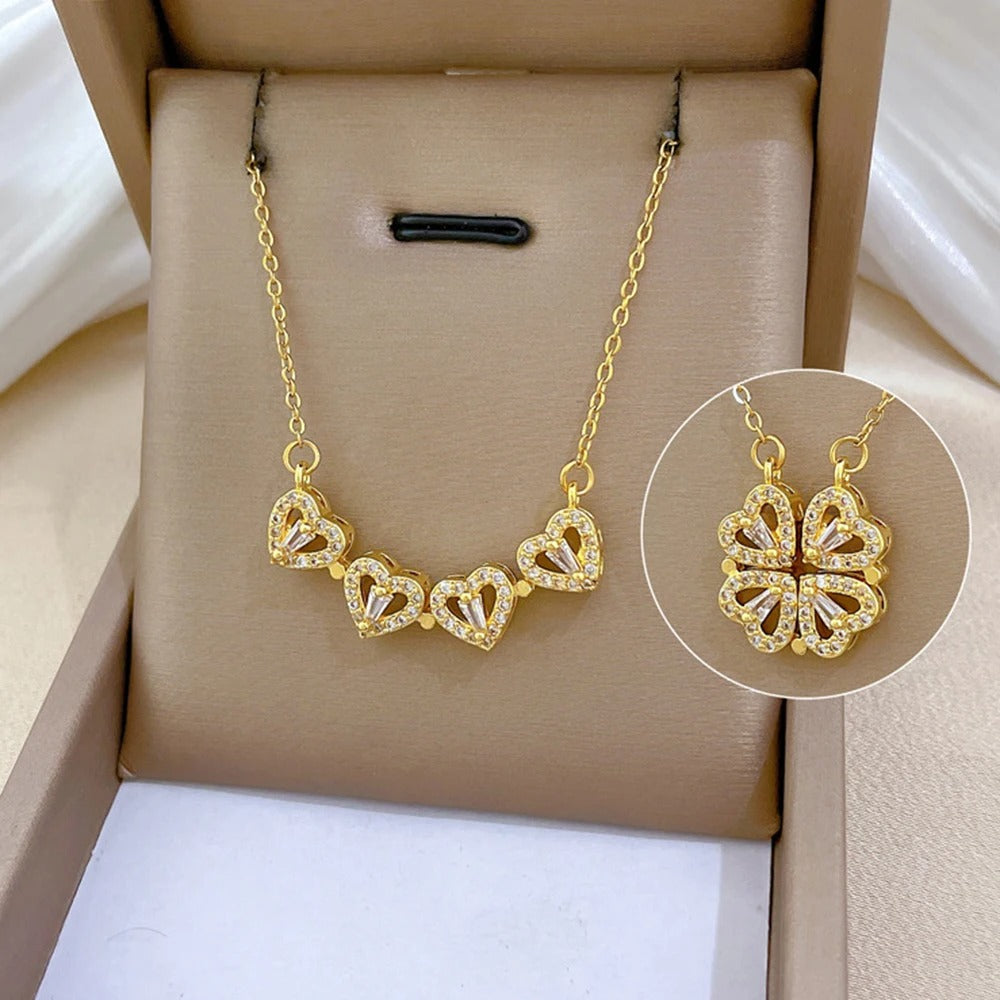 Magnetic 4 Leaf Clover Heart Necklace for Women – Golden Adjustable Pendant Necklace | Trendy Elegant Fashion Jewelry Pakistan 🔥 60% OFF – LAST DAY SALE