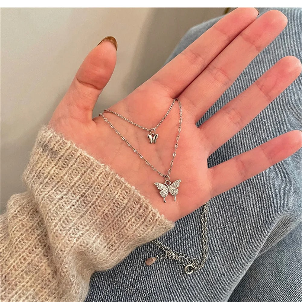 Double Layer Butterfly Necklace for Women – Silver Plated Adjustable Chain | Korean Style Trendy Pendant Necklace for Girls 🔥 60% OFF – LAST DAY SALE