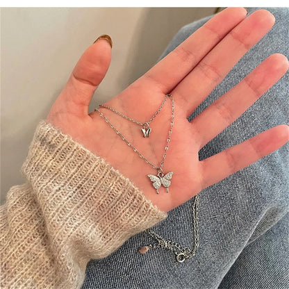 Double Layer Butterfly Necklace for Women – Silver Plated Adjustable Chain | Korean Style Trendy Pendant Necklace for Girls 🔥 60% OFF – LAST DAY SALE