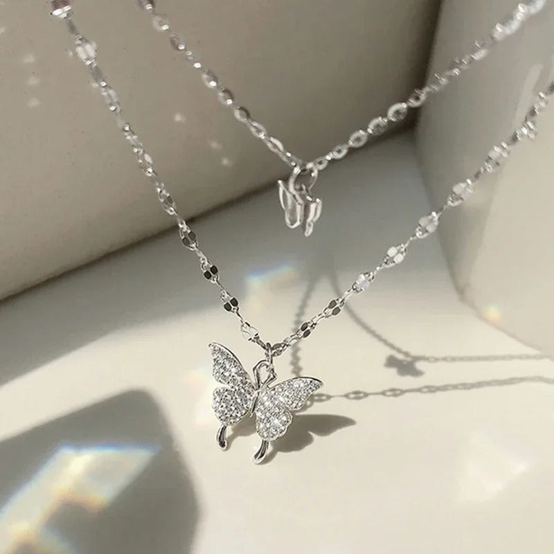 Double Layer Butterfly Necklace for Women – Silver Plated Adjustable Chain | Korean Style Trendy Pendant Necklace for Girls 🔥 60% OFF – LAST DAY SALE