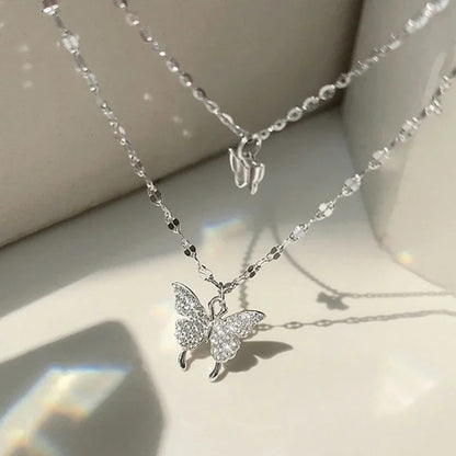 Double Layer Butterfly Necklace for Women – Silver Plated Adjustable Chain | Korean Style Trendy Pendant Necklace for Girls 🔥 60% OFF – LAST DAY SALE