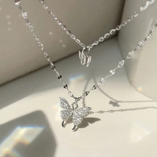 Double Layer Butterfly Necklace for Women – Silver Plated Adjustable Chain | Korean Style Trendy Pendant Necklace for Girls 🔥 60% OFF – LAST DAY SALE