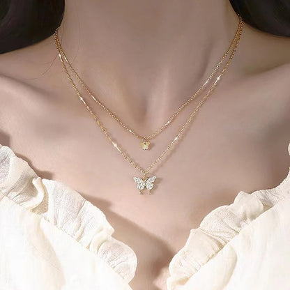 Double Layer Butterfly Necklace for Women – Silver Plated Adjustable Chain | Korean Style Trendy Pendant Necklace for Girls 🔥 60% OFF – LAST DAY SALE