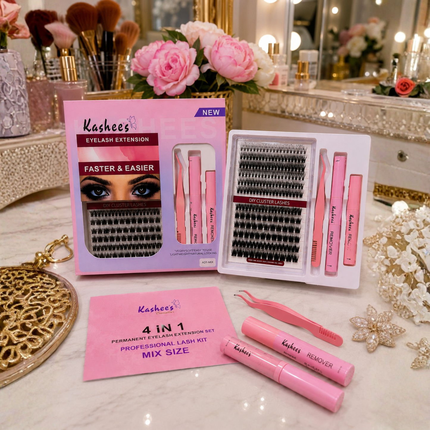 Kashee's 4 in 1 Permanent Eyelash Extension Set – Professional Lash Kit | Mix Size