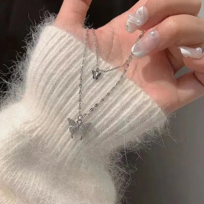 Double Layer Butterfly Necklace for Women – Silver Plated Adjustable Chain | Korean Style Trendy Pendant Necklace for Girls 🔥 60% OFF – LAST DAY SALE