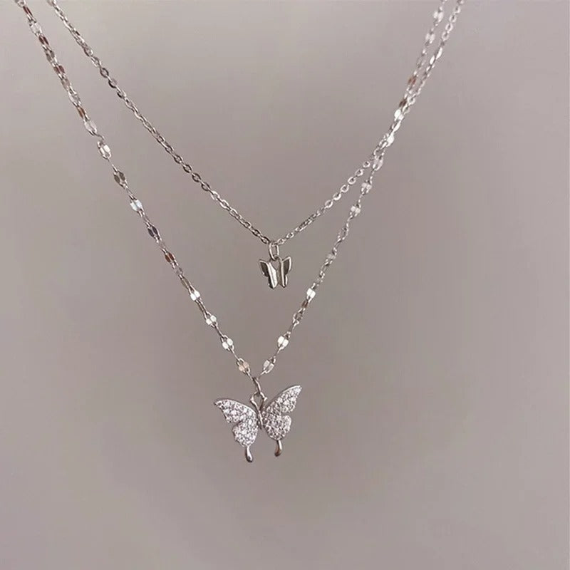 Double Layer Butterfly Necklace for Women – Silver Plated Adjustable Chain | Korean Style Trendy Pendant Necklace for Girls 🔥 60% OFF – LAST DAY SALE