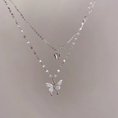 Double Layer Butterfly Necklace for Women – Silver Plated Adjustable Chain | Korean Style Trendy Pendant Necklace for Girls 🔥 60% OFF – LAST DAY SALE