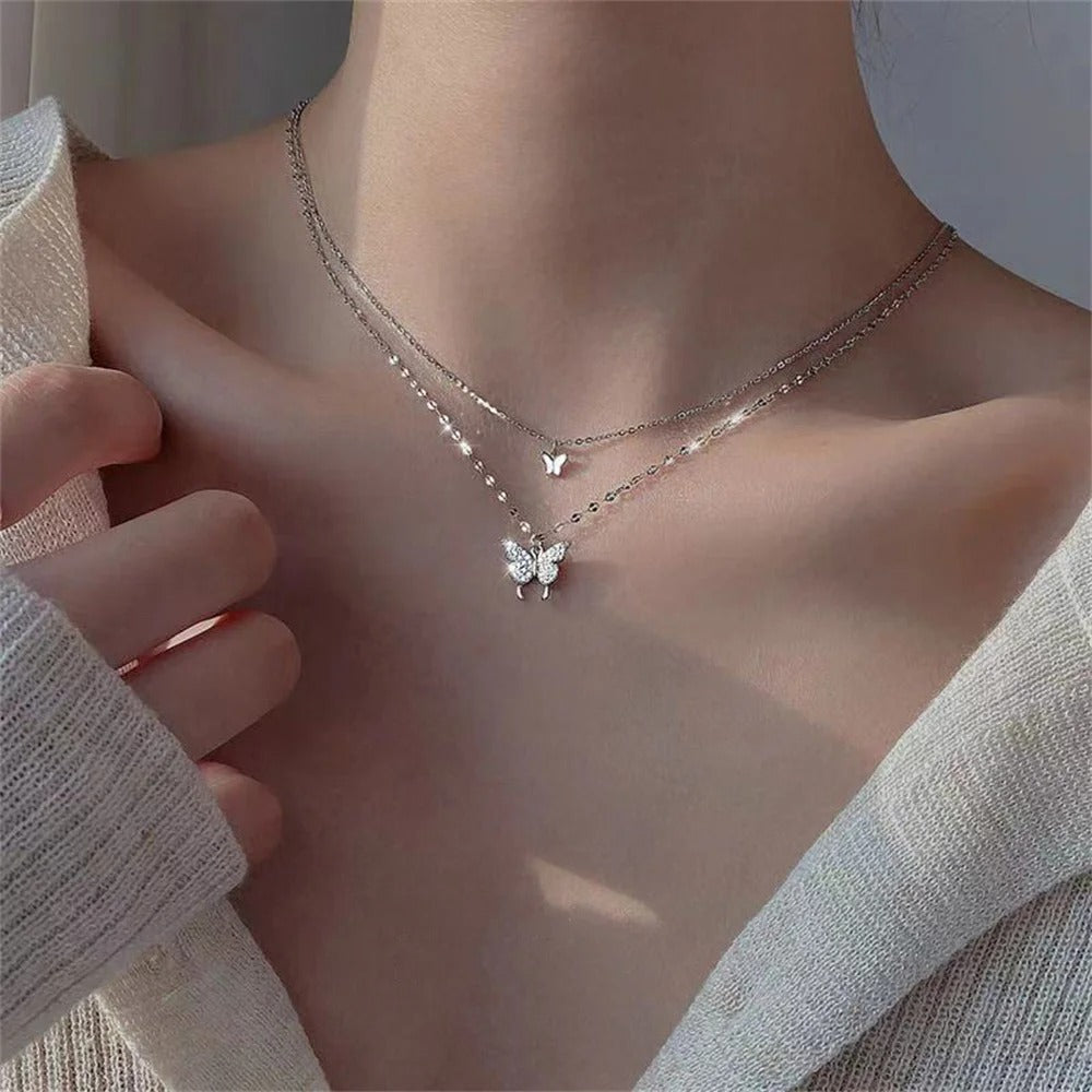 Double Layer Butterfly Necklace for Women – Silver Plated Adjustable Chain | Korean Style Trendy Pendant Necklace for Girls 🔥 60% OFF – LAST DAY SALE