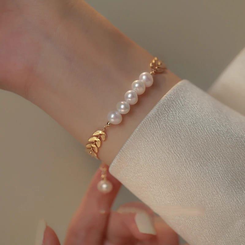 Leaf Pearl Gold Bracelet for Girls – Elegant Gold Plated Adjustable Bracelet | Trendy Fashion Jewelry Gift for Women 🔥 60% OFF – LAST DAY SALE