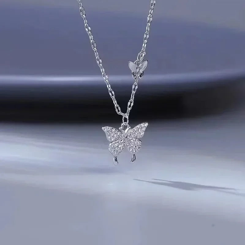 Double Layer Butterfly Necklace for Women – Silver Plated Adjustable Chain | Korean Style Trendy Pendant Necklace for Girls 🔥 60% OFF – LAST DAY SALE