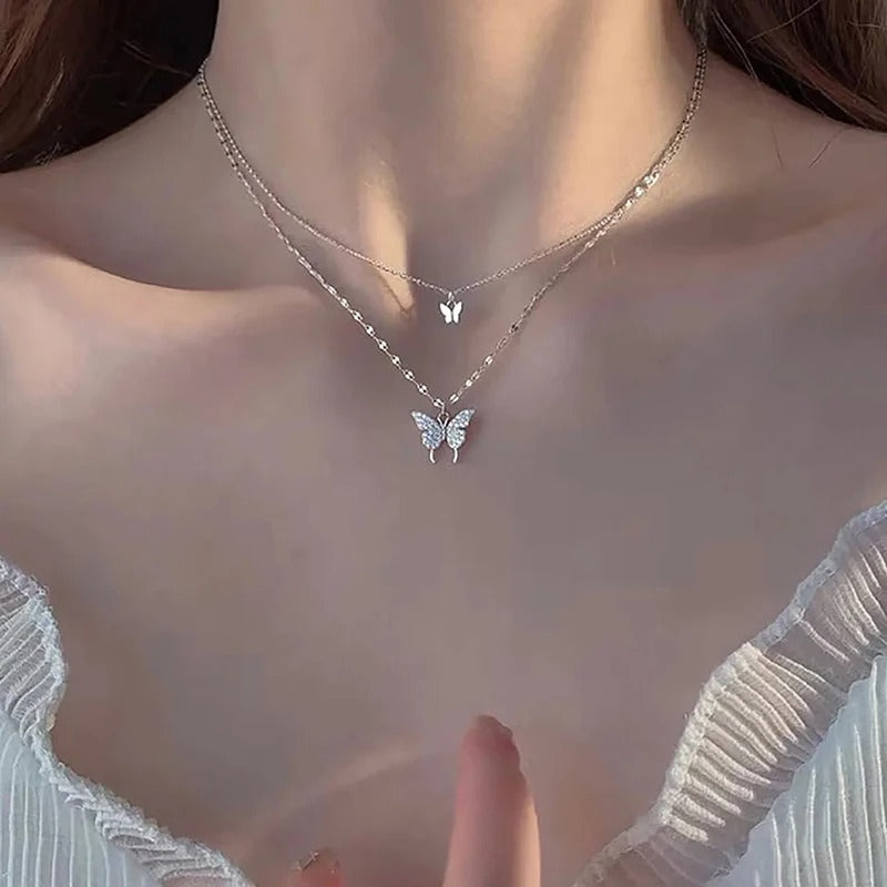 Double Layer Butterfly Necklace for Women – Silver Plated Adjustable Chain | Korean Style Trendy Pendant Necklace for Girls 🔥 60% OFF – LAST DAY SALE
