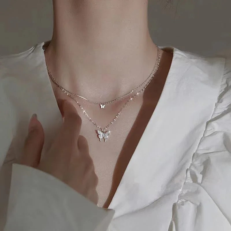 Double Layer Butterfly Necklace for Women – Silver Plated Adjustable Chain | Korean Style Trendy Pendant Necklace for Girls 🔥 60% OFF – LAST DAY SALE
