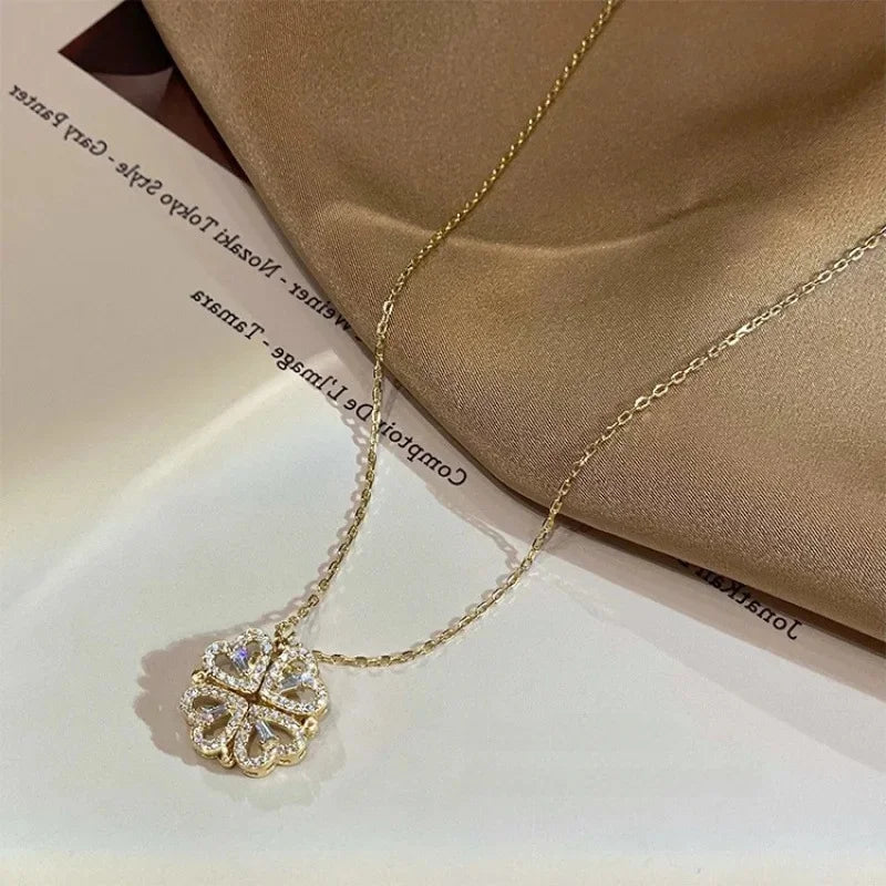 Magnetic 4 Leaf Clover Heart Necklace for Women – Golden Adjustable Pendant Necklace | Trendy Elegant Fashion Jewelry Pakistan 🔥 60% OFF – LAST DAY SALE
