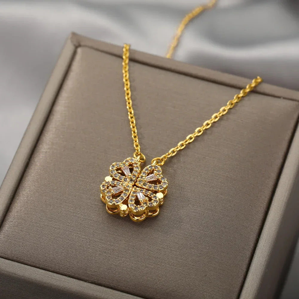 Magnetic 4 Leaf Clover Heart Necklace for Women – Golden Adjustable Pendant Necklace | Trendy Elegant Fashion Jewelry Pakistan 🔥 60% OFF – LAST DAY SALE