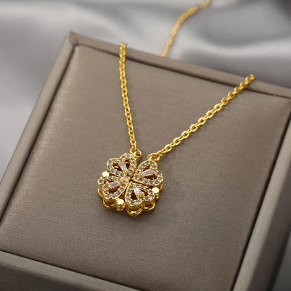 Magnetic 4 Leaf Clover Heart Necklace for Women – Golden Adjustable Pendant Necklace | Trendy Elegant Fashion Jewelry Pakistan 🔥 60% OFF – LAST DAY SALE