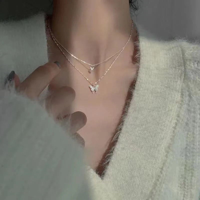 Double Layer Butterfly Necklace for Women – Silver Plated Adjustable Chain | Korean Style Trendy Pendant Necklace for Girls 🔥 60% OFF – LAST DAY SALE