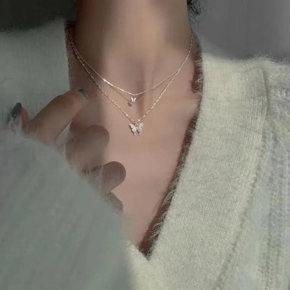 Double Layer Butterfly Necklace for Women – Silver Plated Adjustable Chain | Korean Style Trendy Pendant Necklace for Girls 🔥 60% OFF – LAST DAY SALE